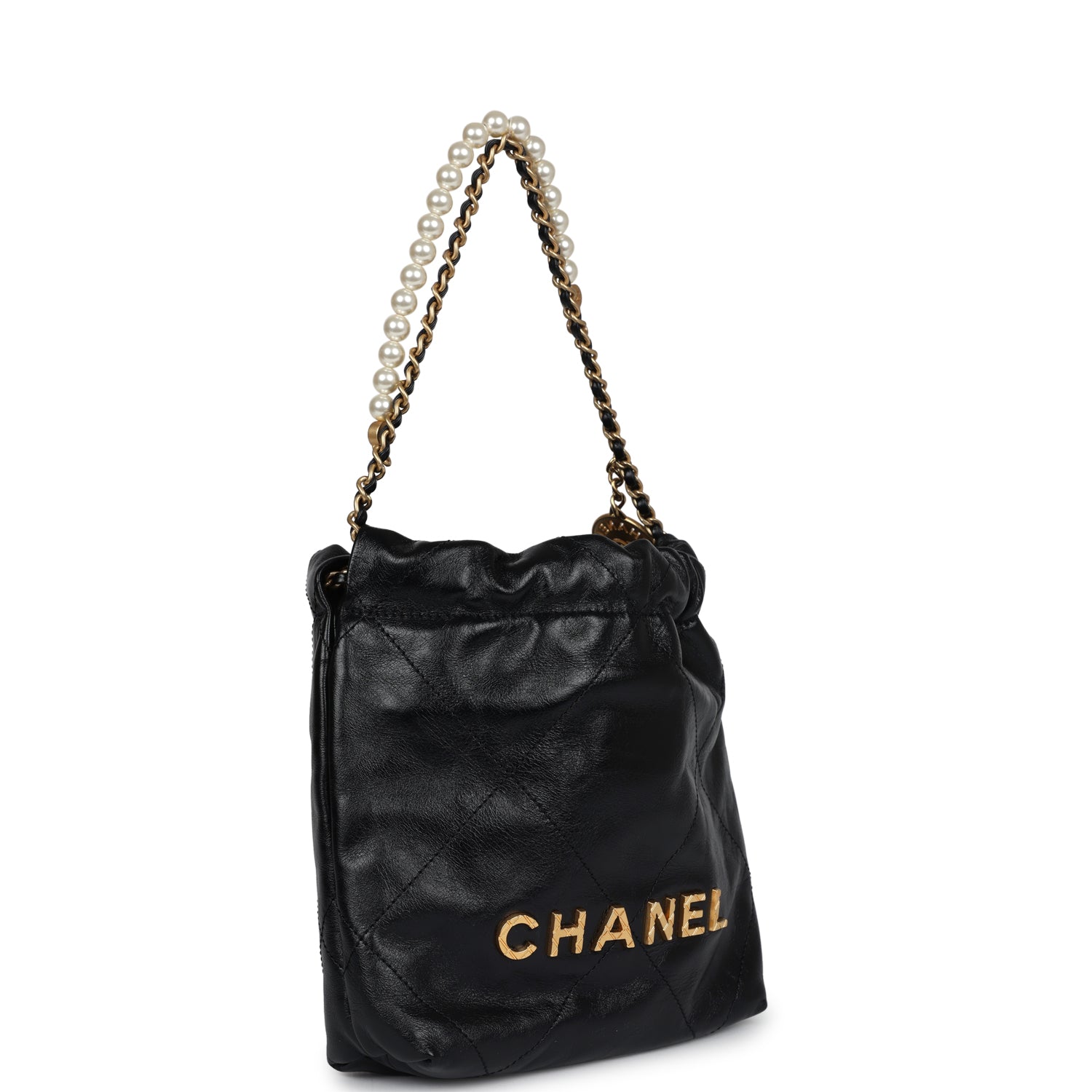 Chanel Mini 22 Bag Black Aged Calfskin and Pearl Antique Gold Hardware