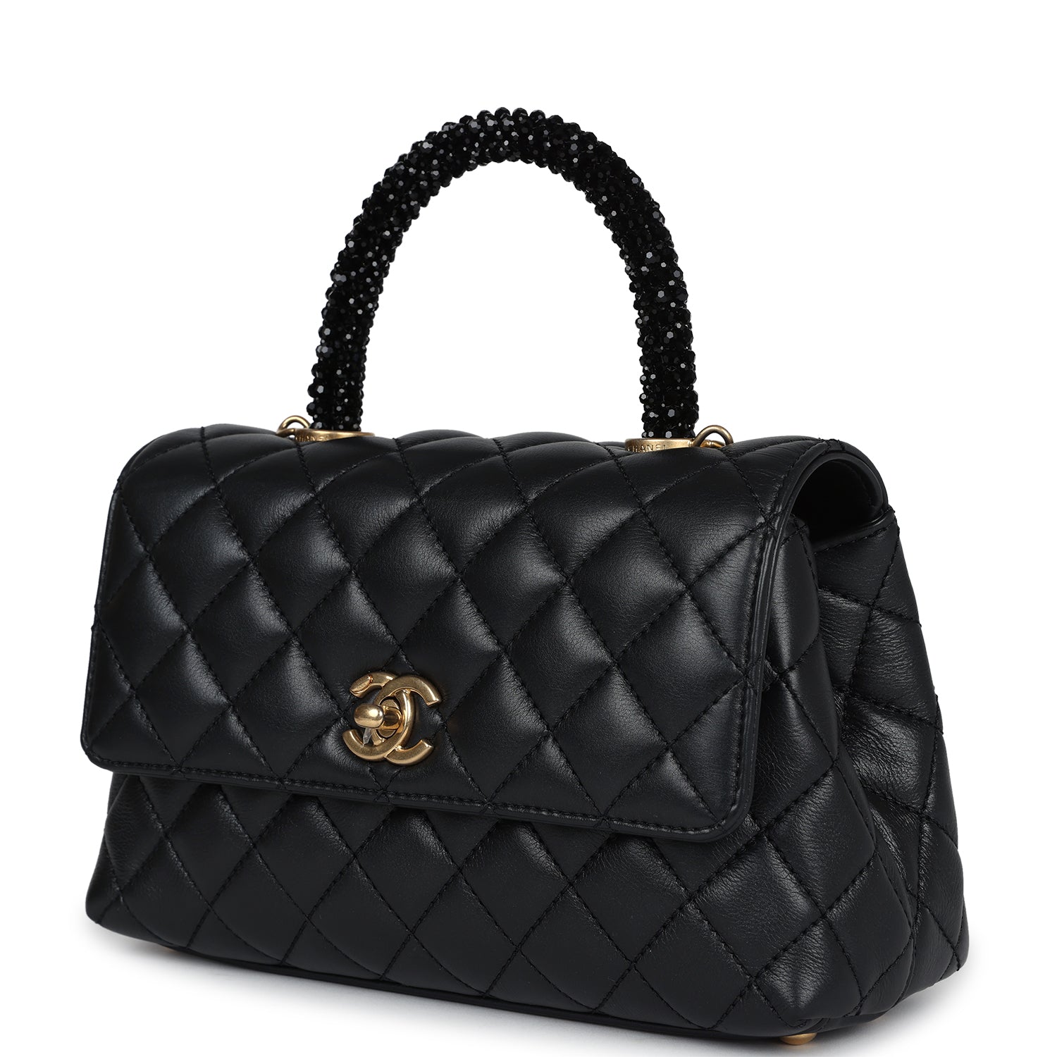 Chanel Mini Coco Crystal Top Handle Flap Bag Black Lambskin Brushed Gold Hardware