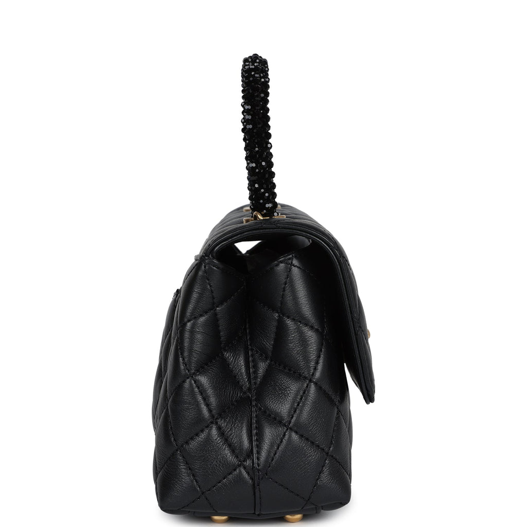 Chanel Mini Coco Crystal Top Handle Flap Bag Black Lambskin Brushed Gold Hardware