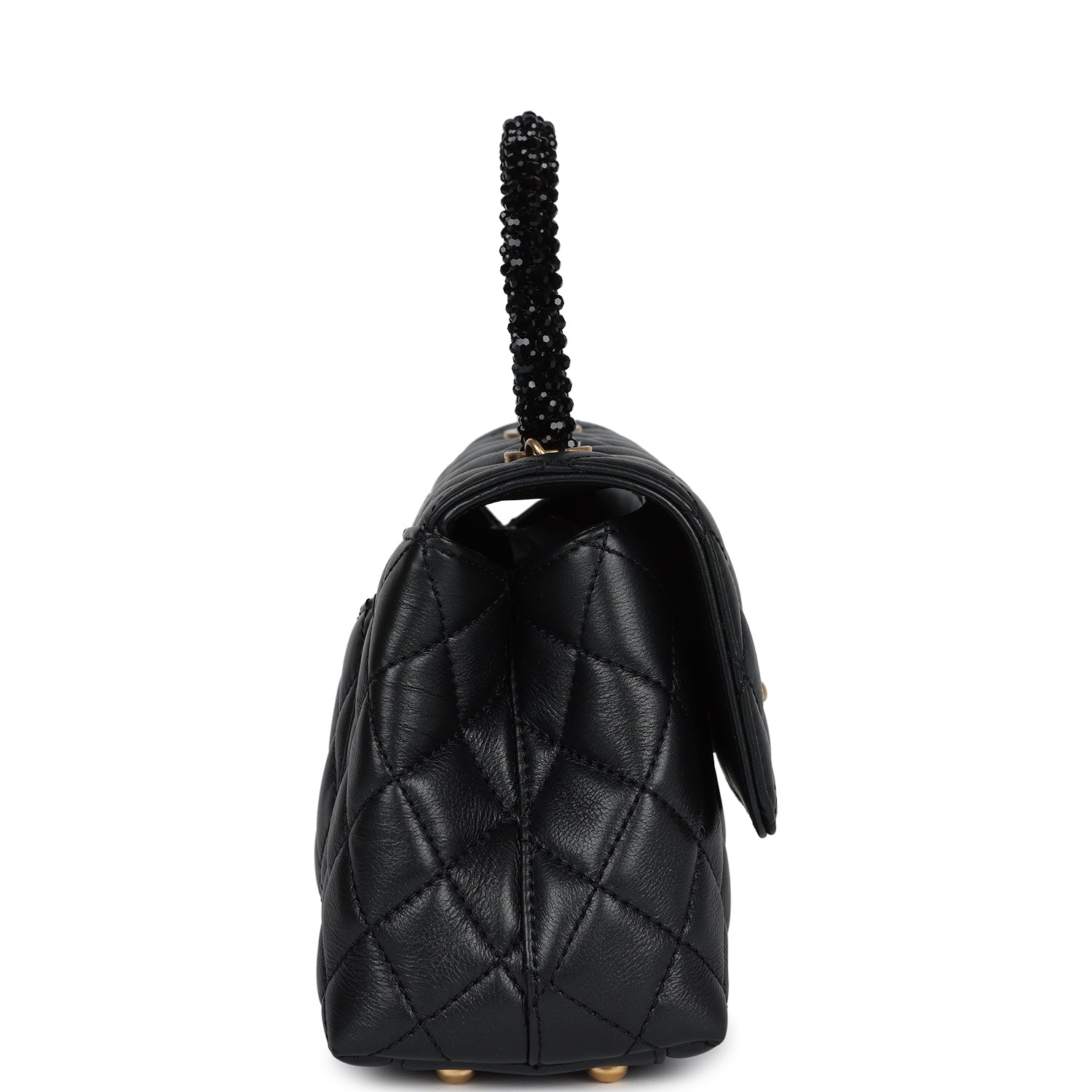 Chanel Mini Coco Crystal Top Handle Flap Bag Black Lambskin Brushed Gold Hardware