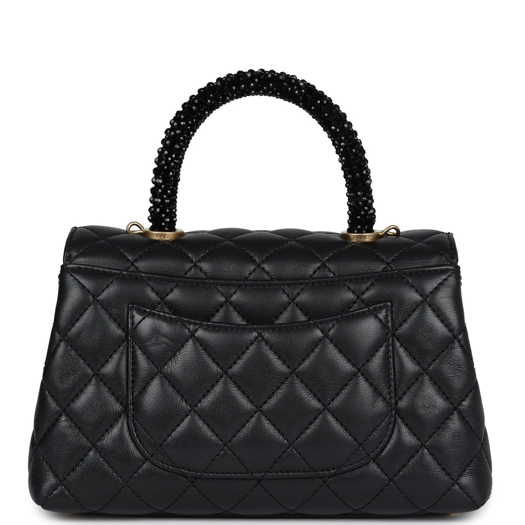 Chanel Mini Coco Crystal Top Handle Flap Bag Black Lambskin Brushed Gold Hardware