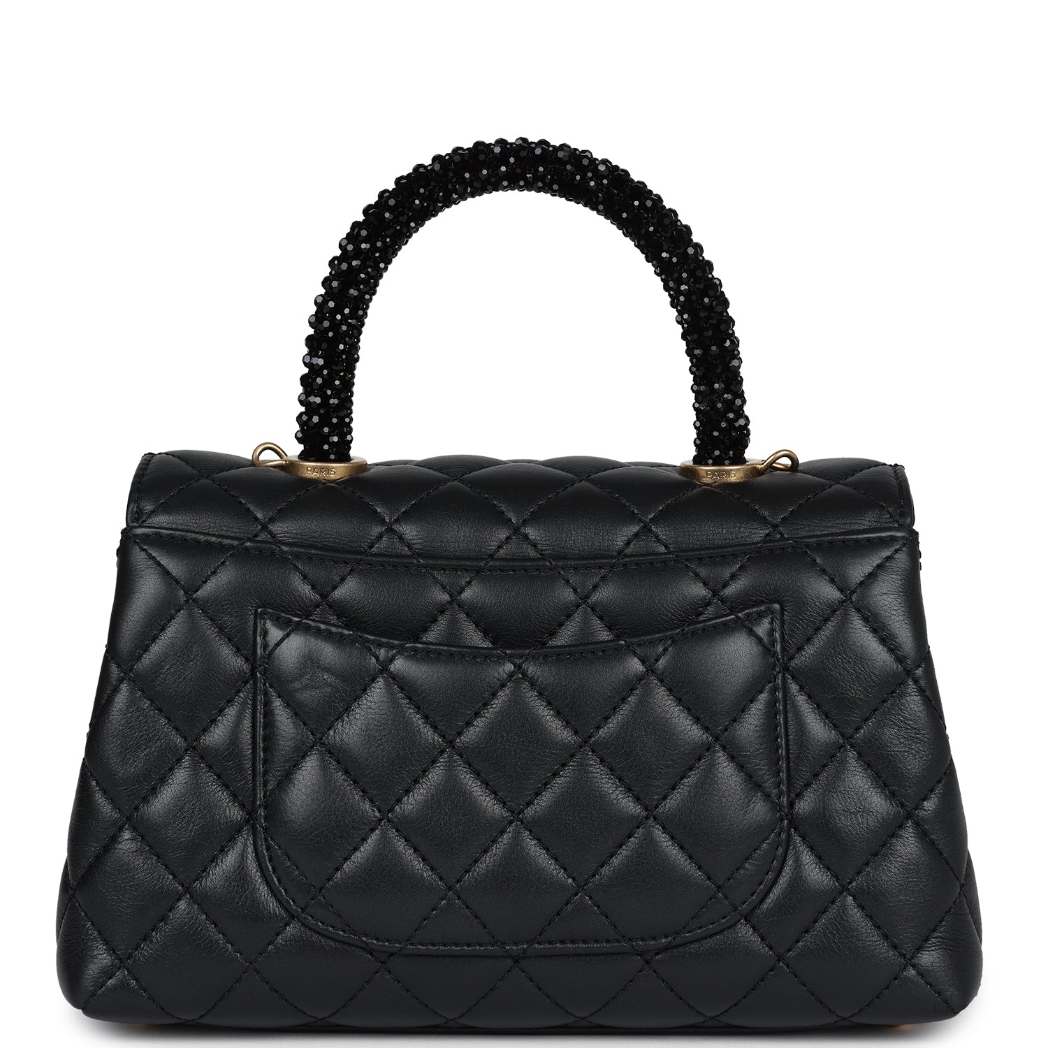 Chanel Mini Coco Crystal Top Handle Flap Bag Black Lambskin Brushed Gold Hardware
