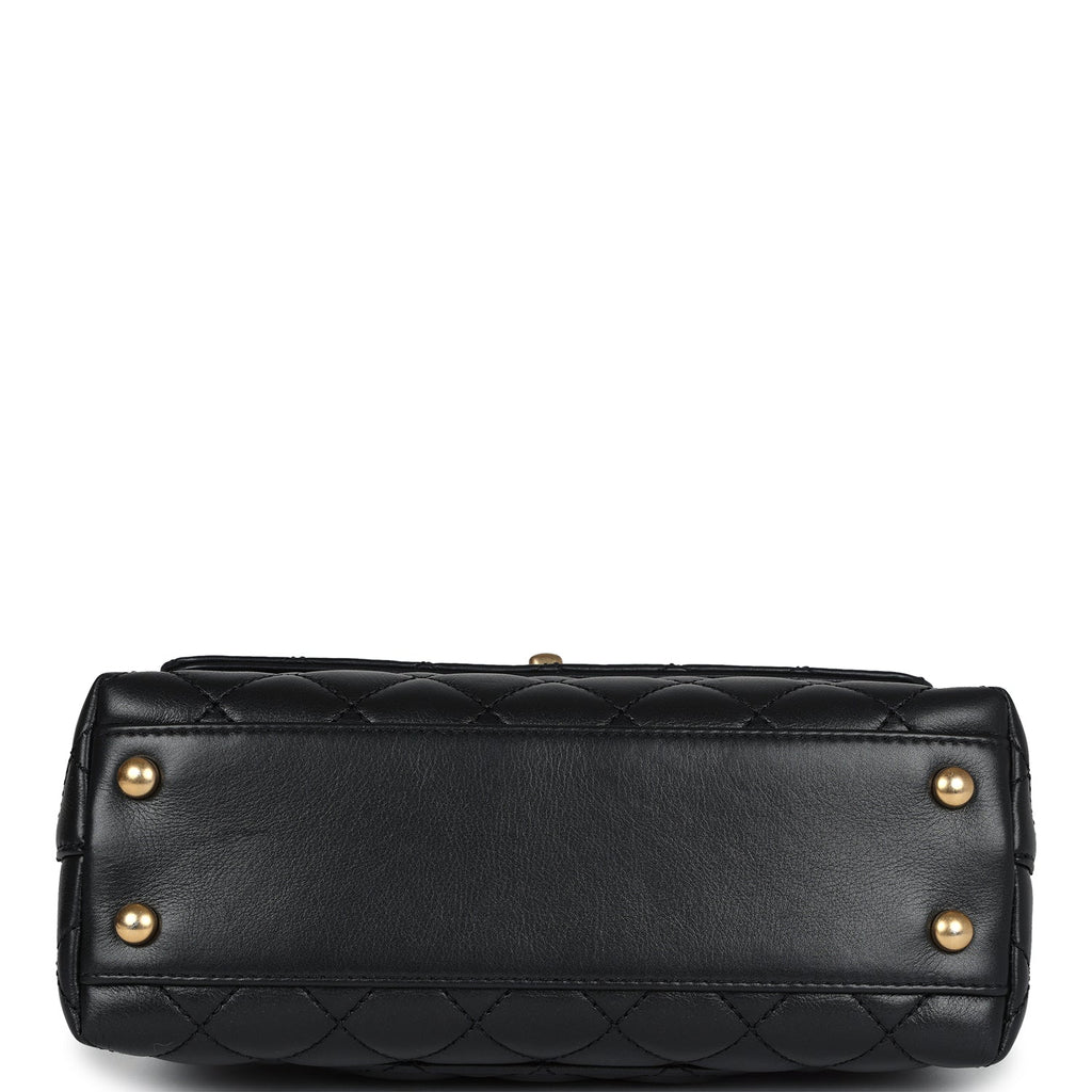 Chanel Mini Coco Crystal Top Handle Flap Bag Black Lambskin Brushed Gold Hardware