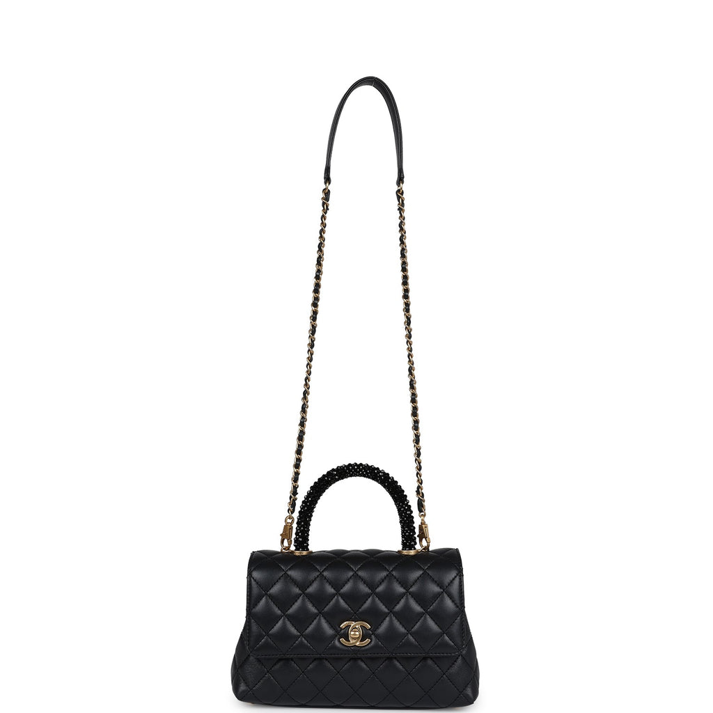 Chanel Mini Coco Crystal Top Handle Flap Bag Black Lambskin Brushed Gold Hardware