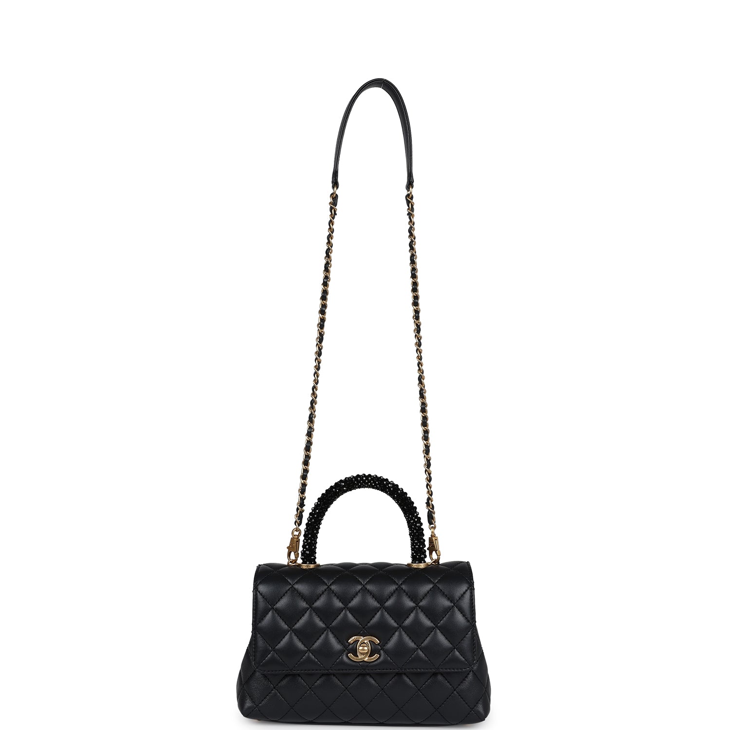 Chanel Mini Coco Crystal Top Handle Flap Bag Black Lambskin Brushed Gold Hardware