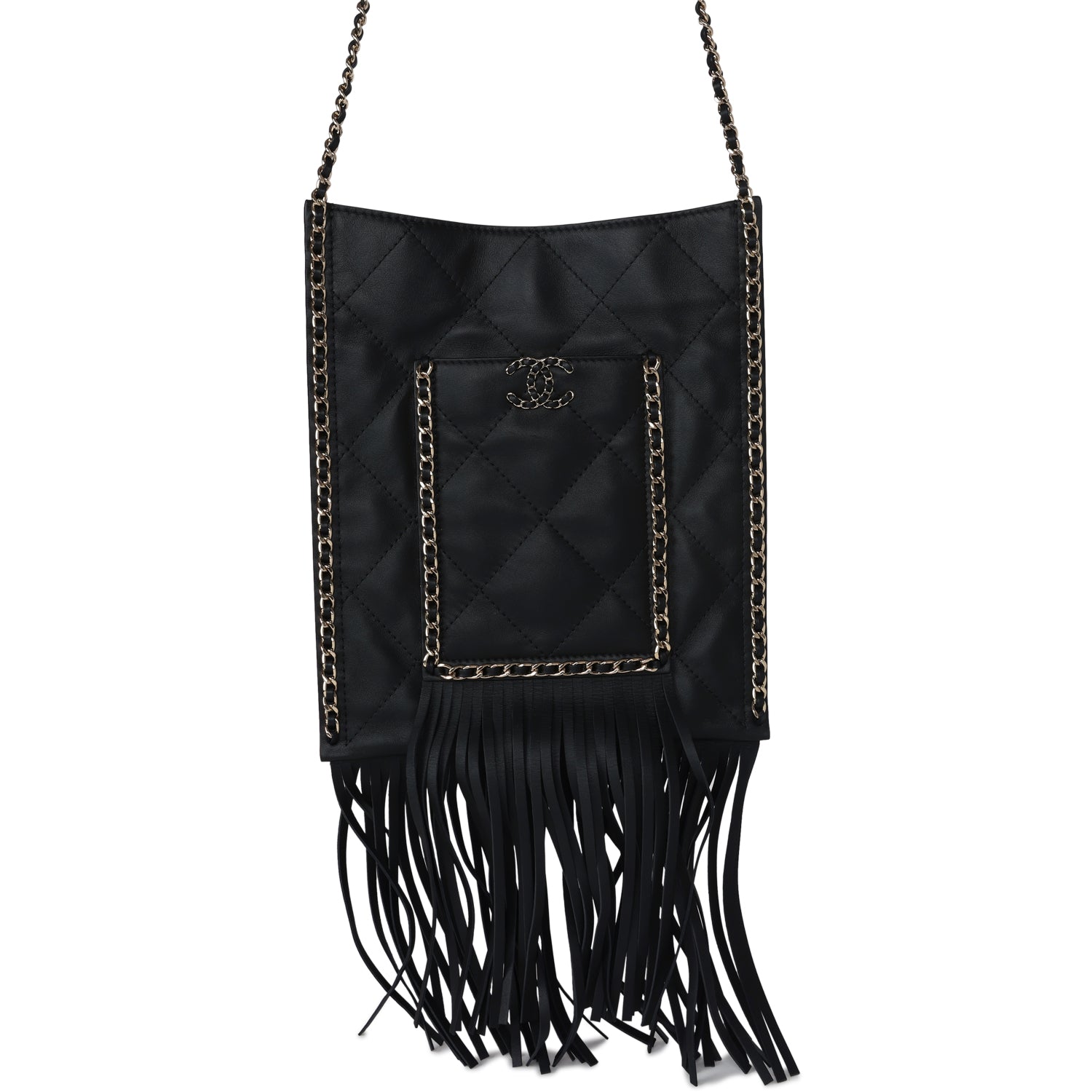 Chanel Small CC Fringe Shopping Bag Black Calfskin Light Gold Hardware