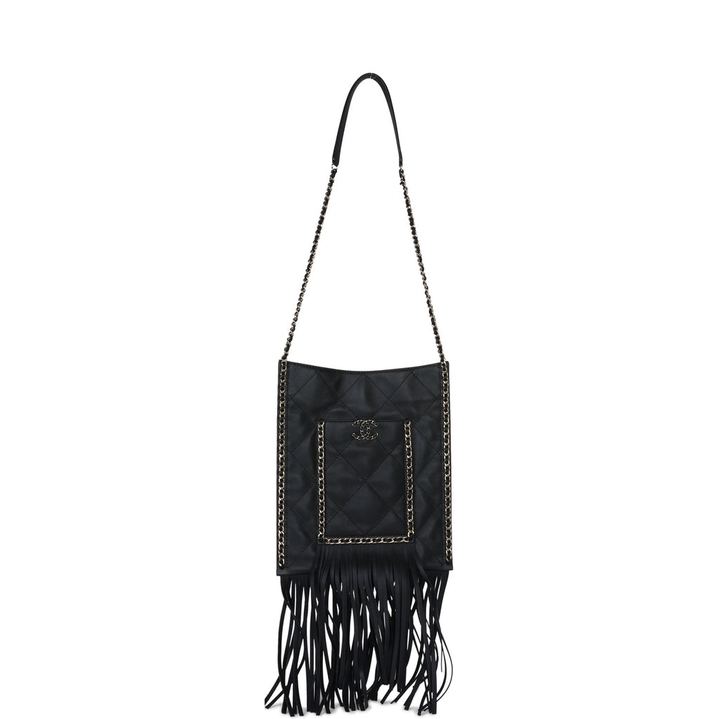 Chanel Small CC Fringe Shopping Bag Black Calfskin Light Gold Hardware