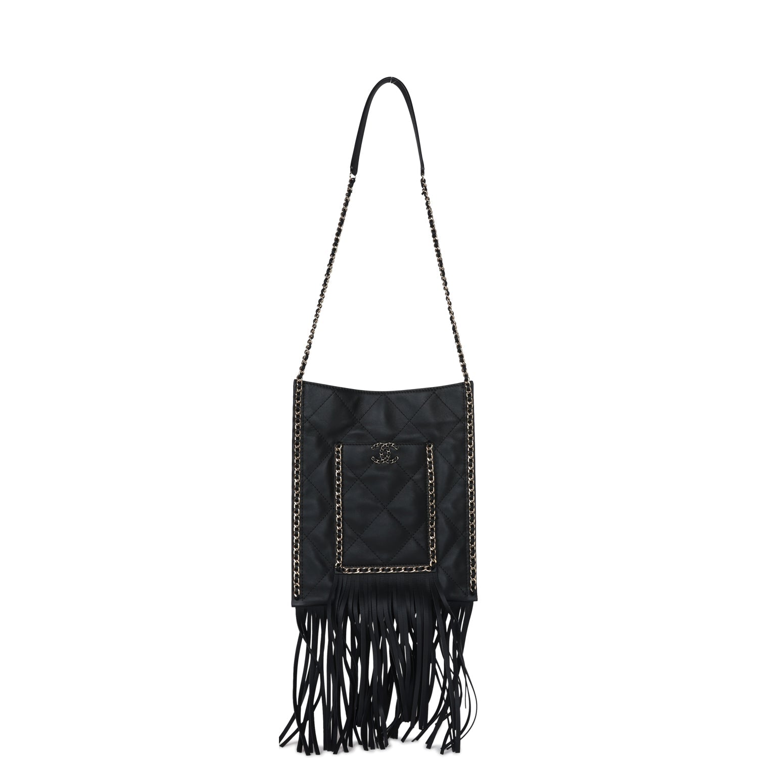 Chanel Small CC Fringe Shopping Bag Black Calfskin Light Gold Hardware