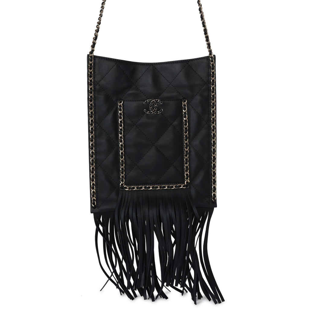Chanel Small CC Fringe Shopping Bag Black Calfskin Light Gold Hardware
