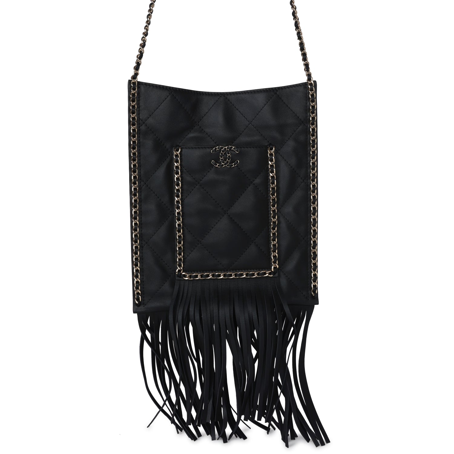 Chanel Small CC Fringe Shopping Bag Black Calfskin Light Gold Hardware