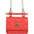 Chanel Mini Clutch with Pearl Chain Red Lambskin Light Gold Hardware
