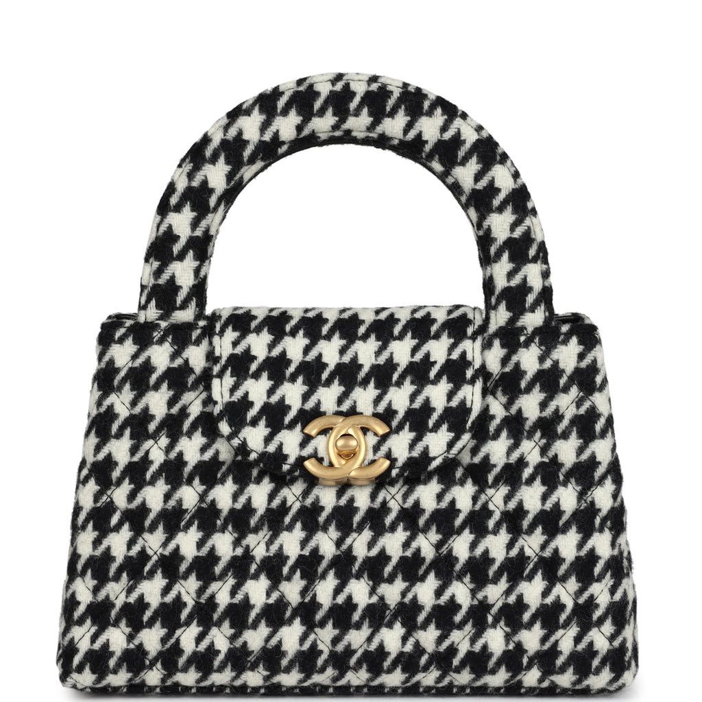 Chanel Small Kelly Shopper Black and White Houndstooth Tweed Brushed Gold Hardware