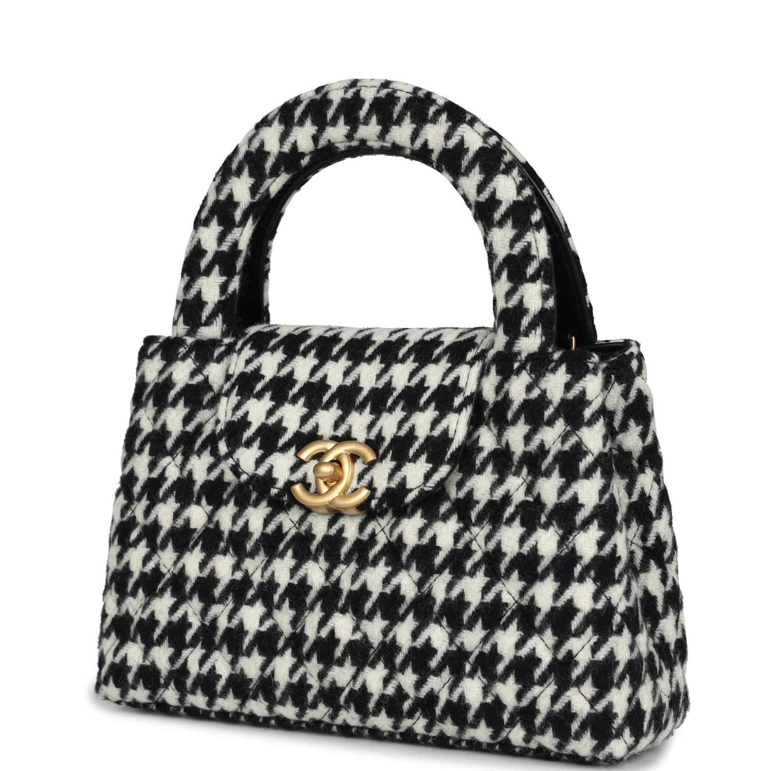 Chanel Small Kelly Shopper Black and White Houndstooth Tweed Brushed Gold Hardware