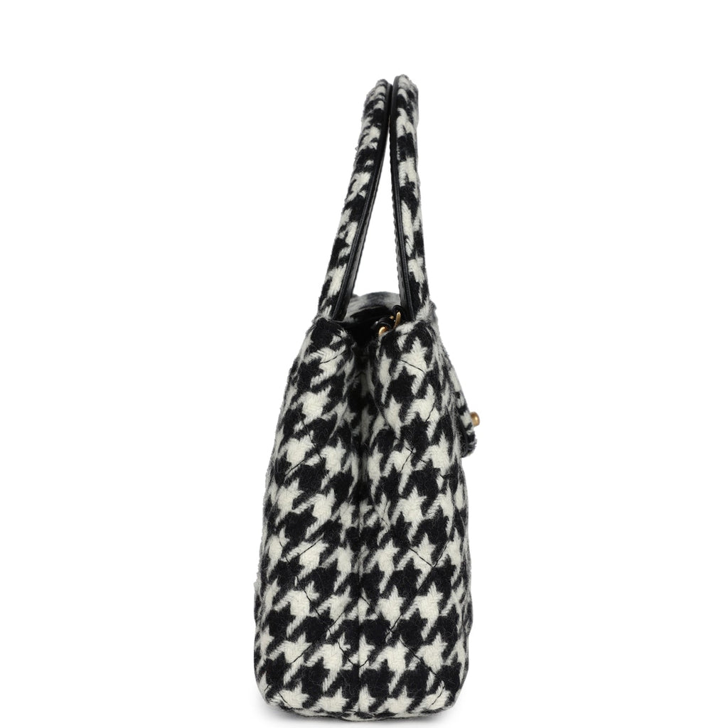 Chanel Small Kelly Shopper Black and White Houndstooth Tweed Brushed Gold Hardware