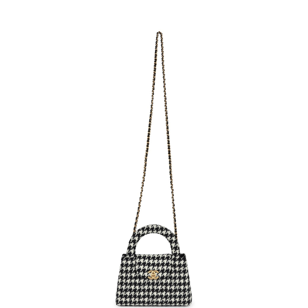 Chanel Small Kelly Shopper Black and White Houndstooth Tweed Brushed Gold Hardware