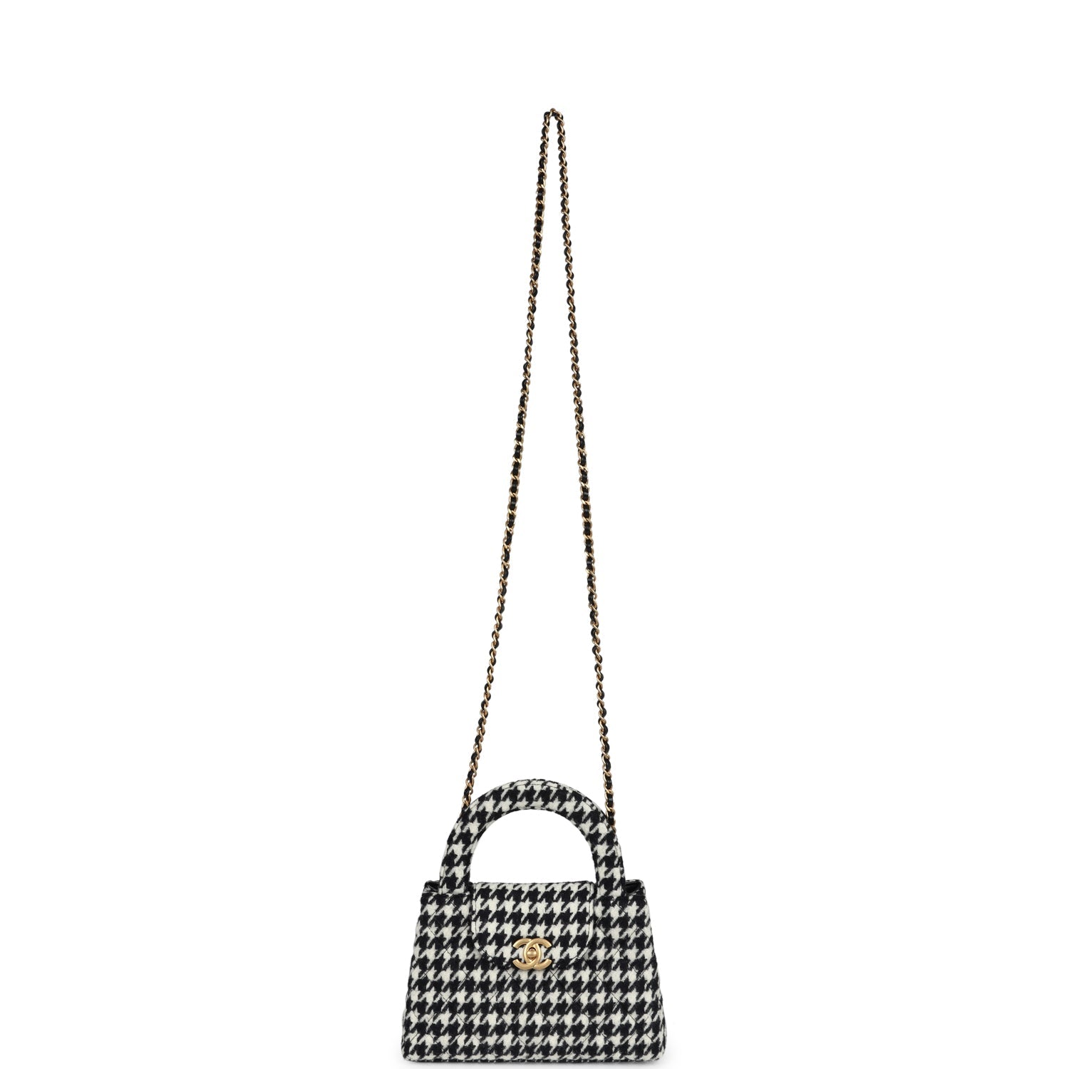 Chanel Small Kelly Shopper Black and White Houndstooth Tweed Brushed Gold Hardware