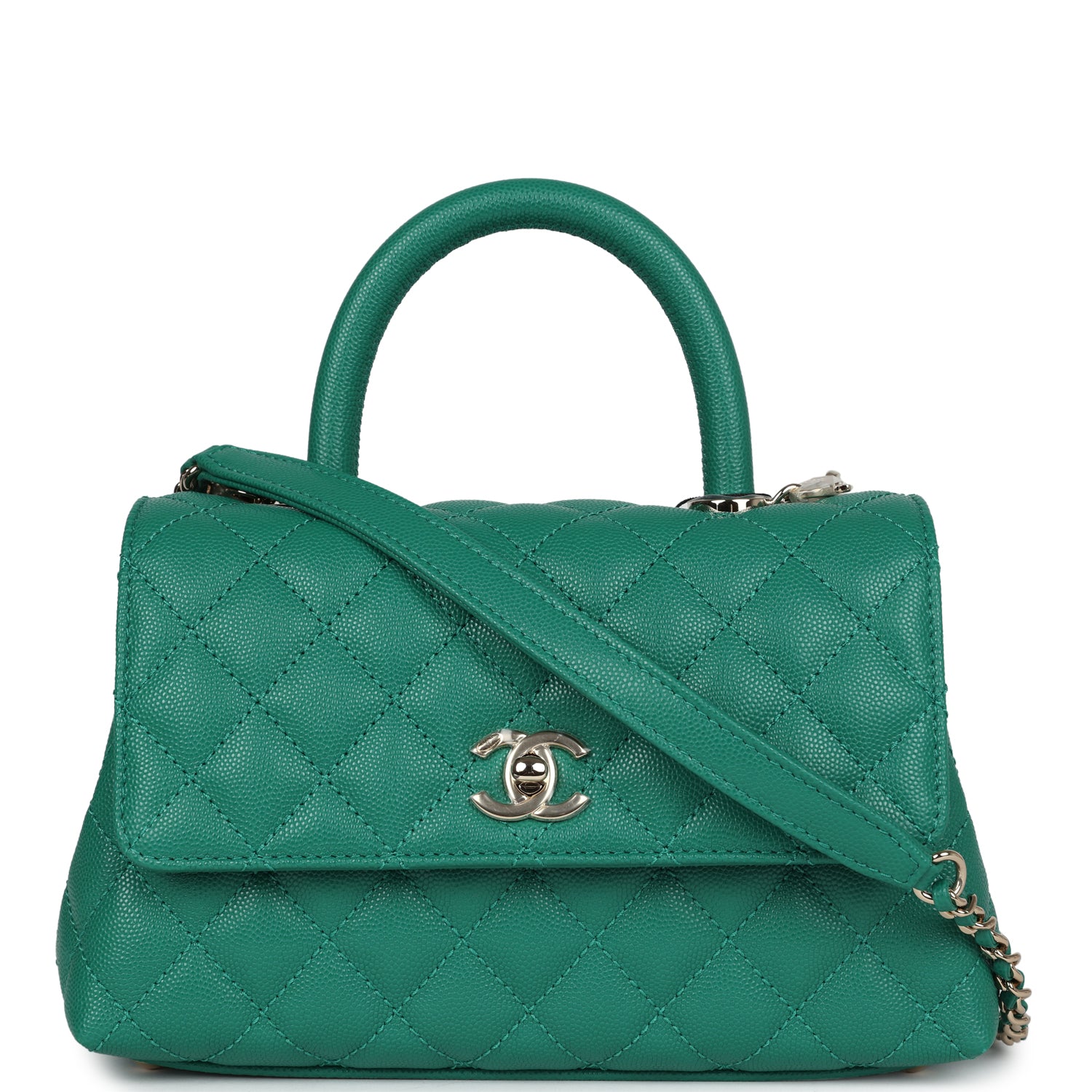 Chanel Mini Coco Top Handle Flap Bag Dark Green Caviar Light Gold Hardware