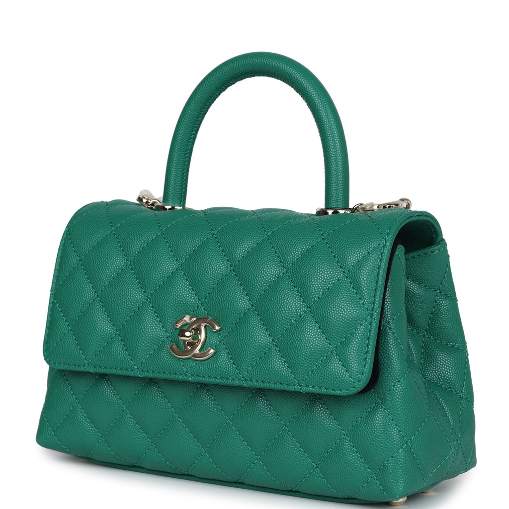 Chanel Mini Coco Top Handle Flap Bag Dark Green Caviar Light Gold Hardware