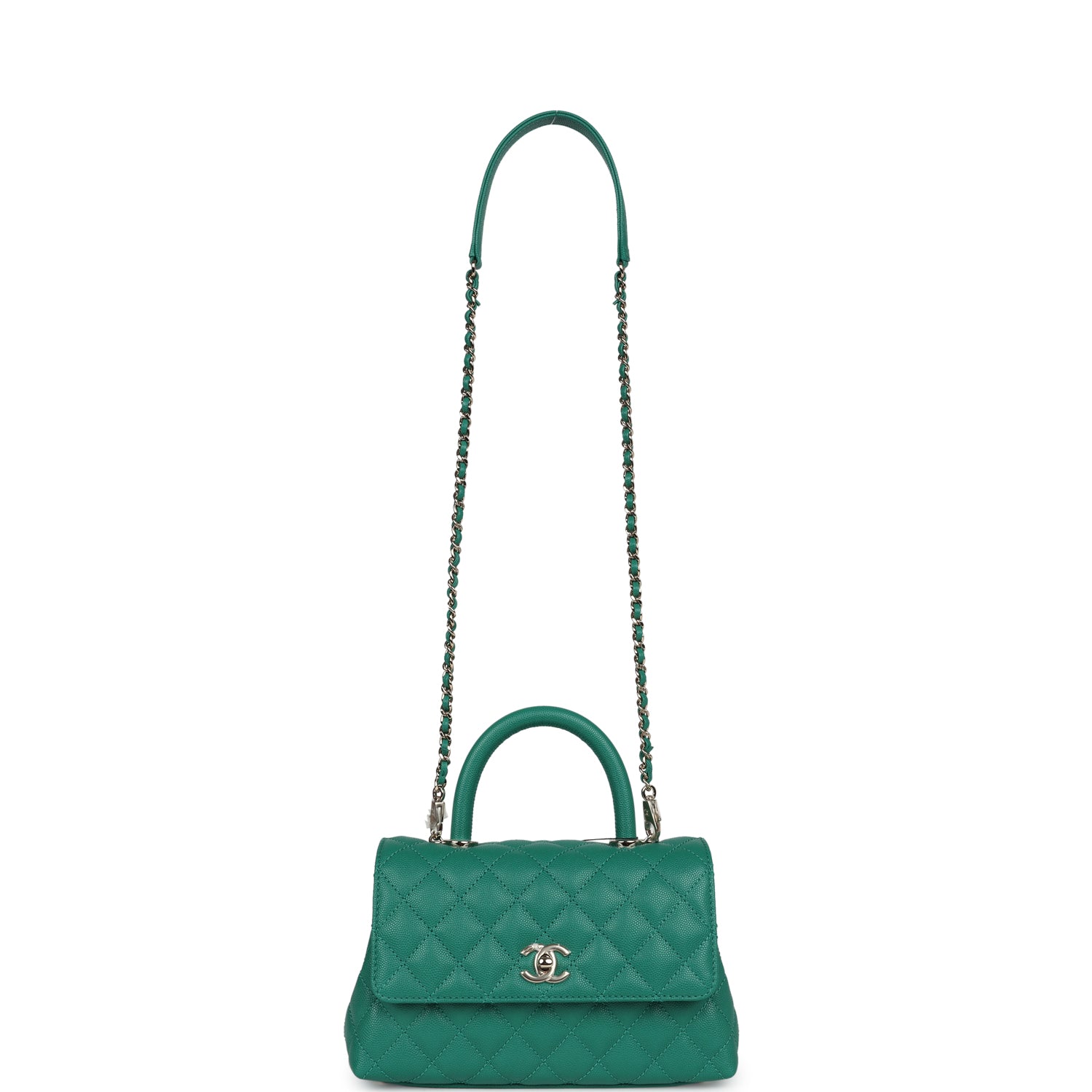 Chanel Mini Coco Top Handle Flap Bag Dark Green Caviar Light Gold Hardware
