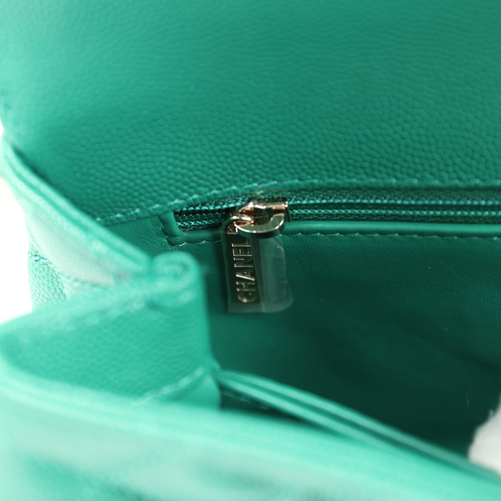 Chanel Mini Coco Top Handle Flap Bag Dark Green Caviar Light Gold Hardware