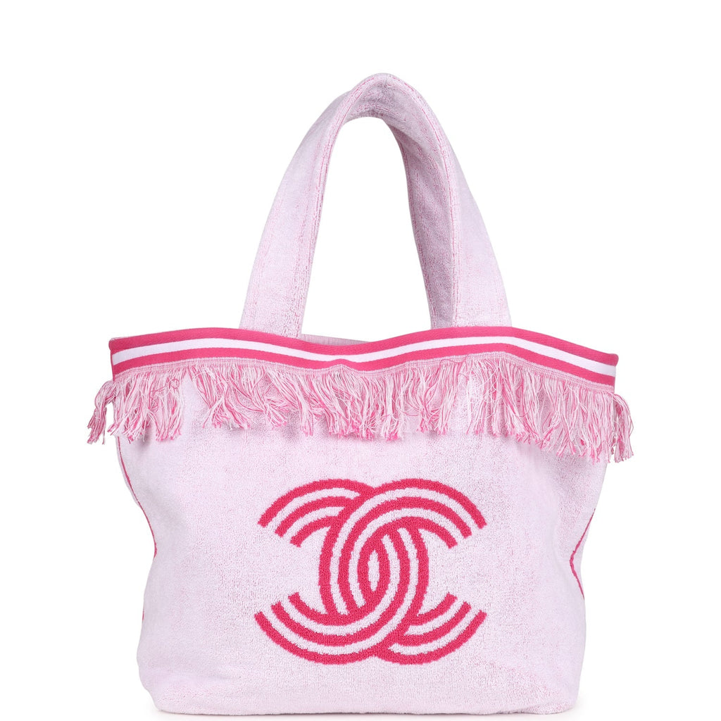 Chanel CC Beach Tote Bag & Towel Set Pink & White Canvas & Terry