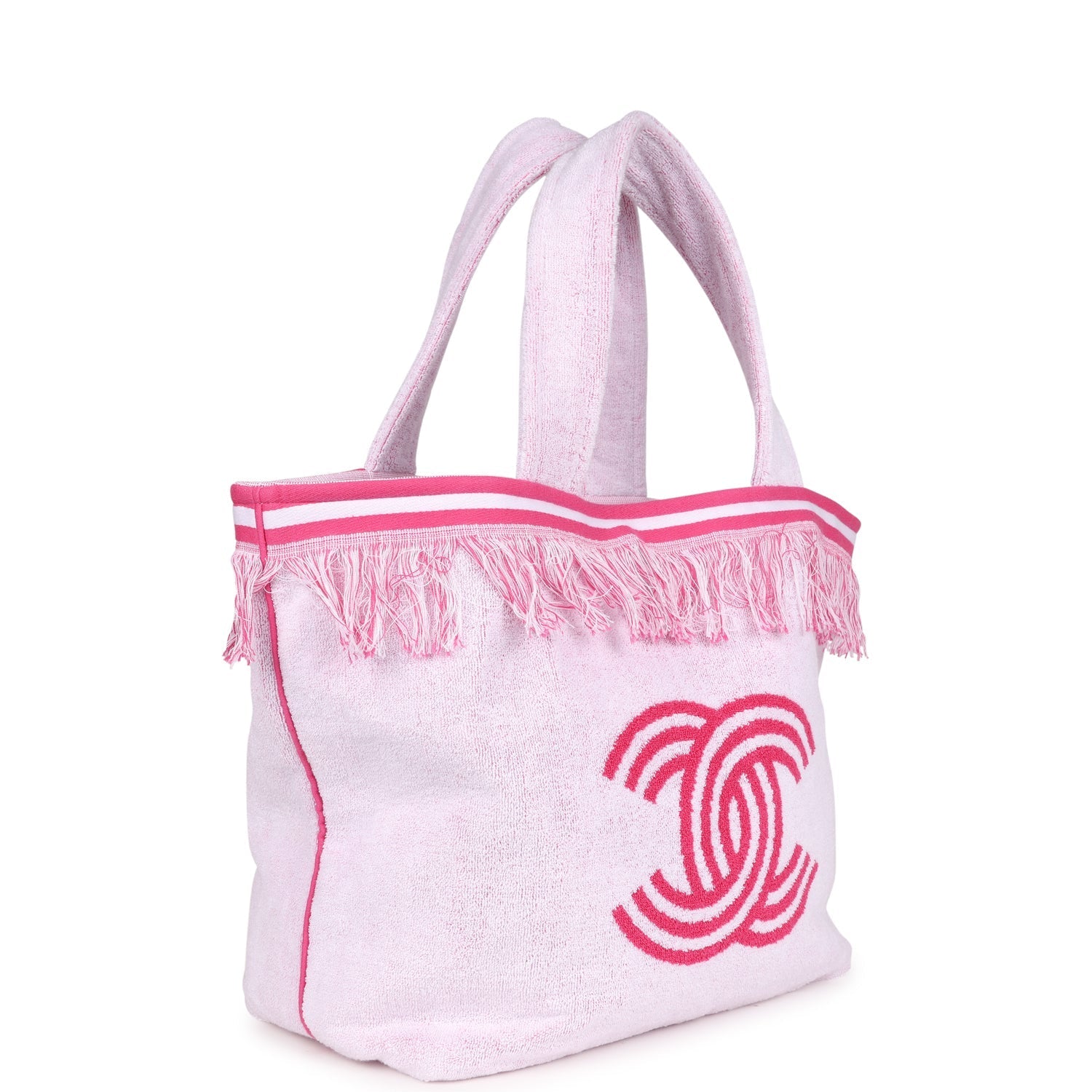 Chanel CC Beach Tote Bag & Towel Set Pink & White Canvas & Terry