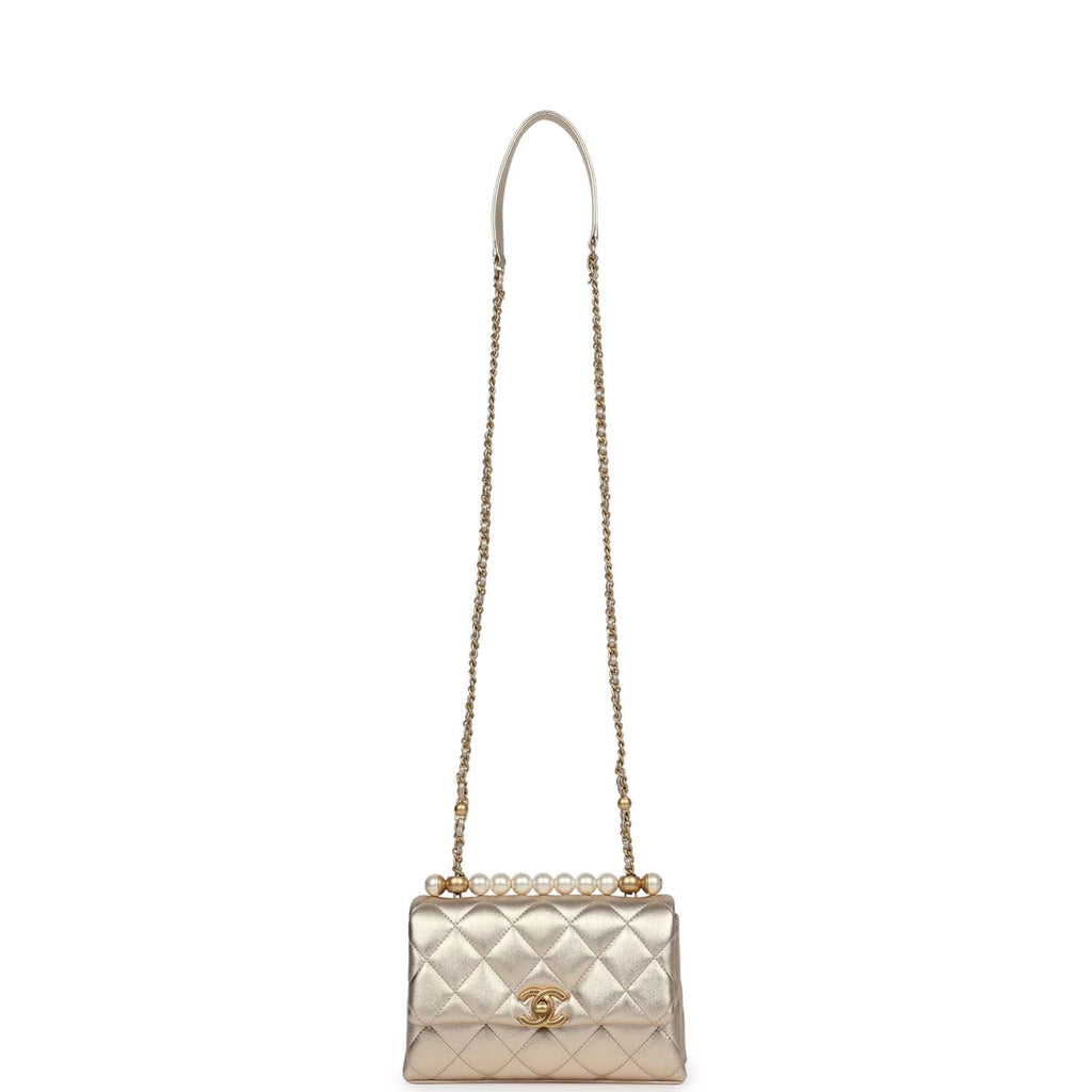 Chanel Mini Pearl Top Handle Flap Bag Metallic Gold Lambskin Brushed Gold Hardware