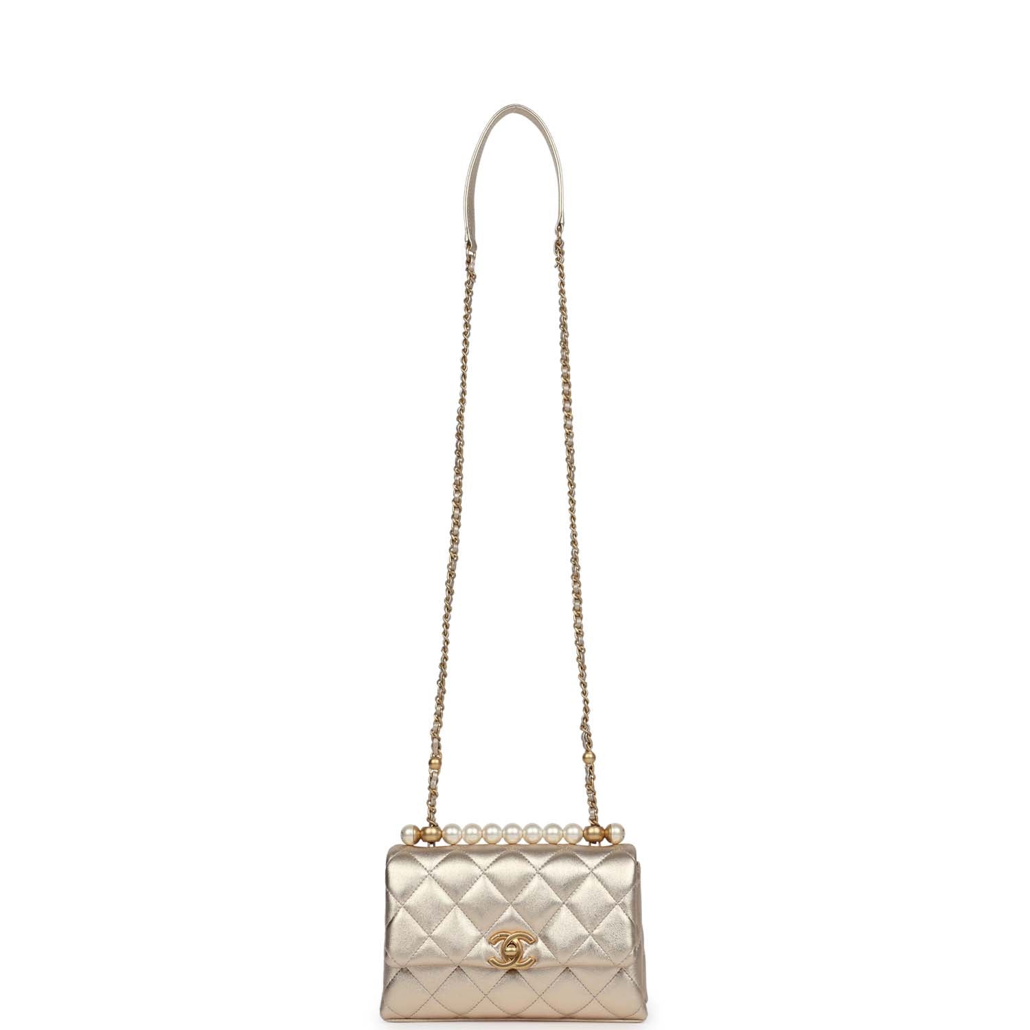 Chanel Mini Pearl Top Handle Flap Bag Metallic Gold Lambskin Brushed Gold Hardware