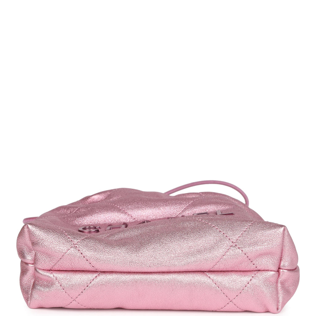 Chanel Mini 22 Bag Pink Metallic Lambskin Lacquered Metal Hardware