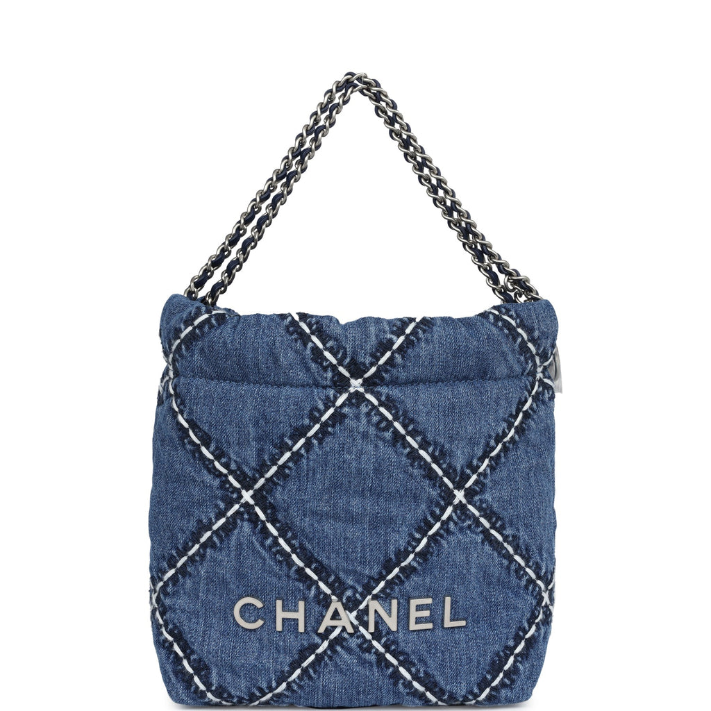 Chanel Mini 22 Bag Blue Stitched Denim Silver Hardware
