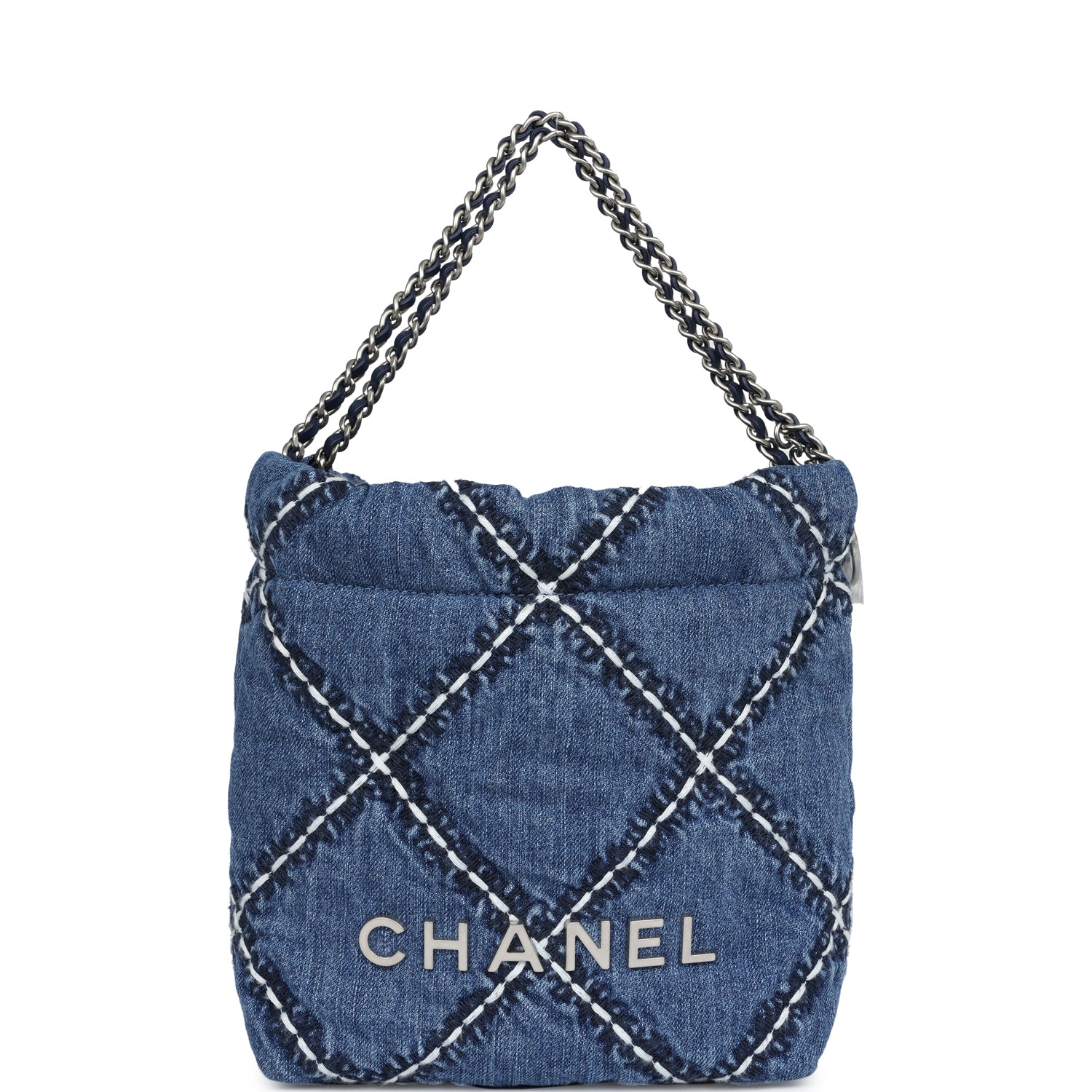 Chanel Mini 22 Bag Blue Stitched Denim Silver Hardware