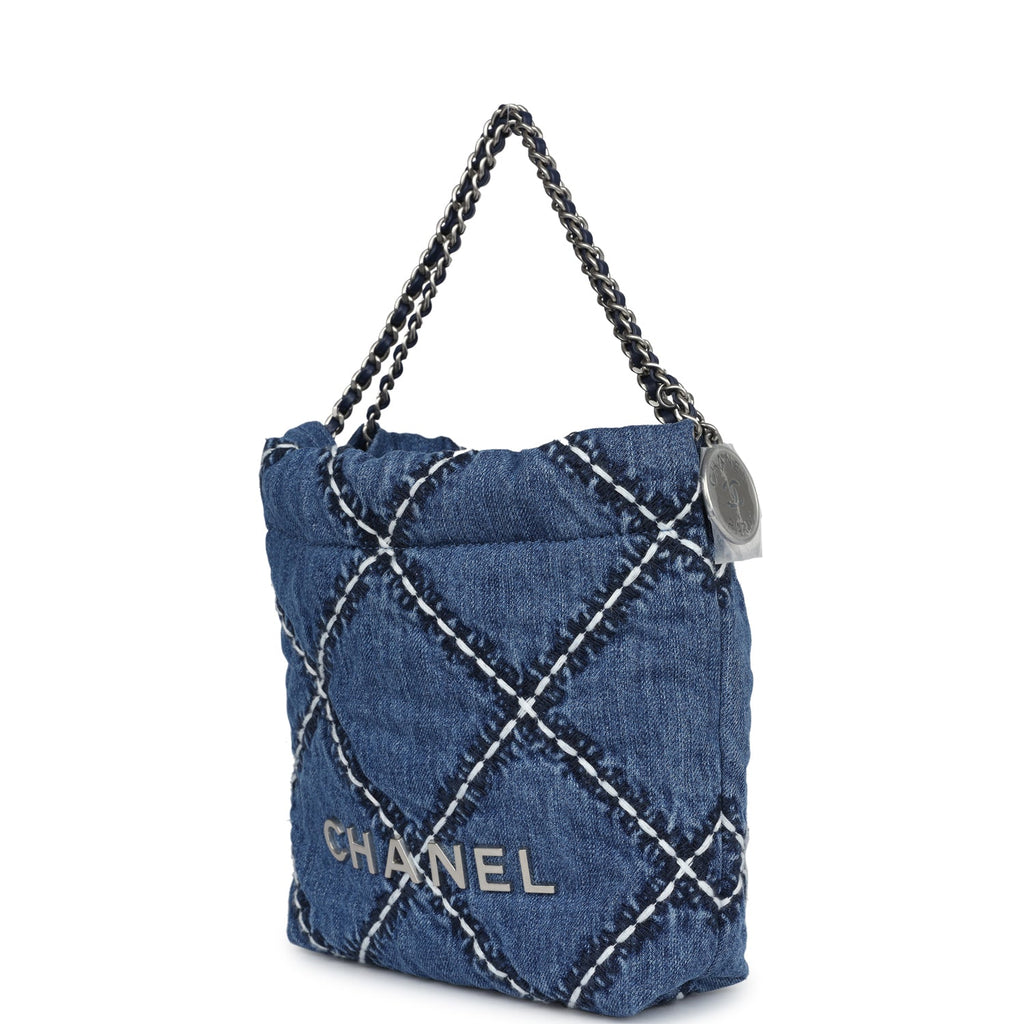 Chanel Mini 22 Bag Blue Stitched Denim Silver Hardware