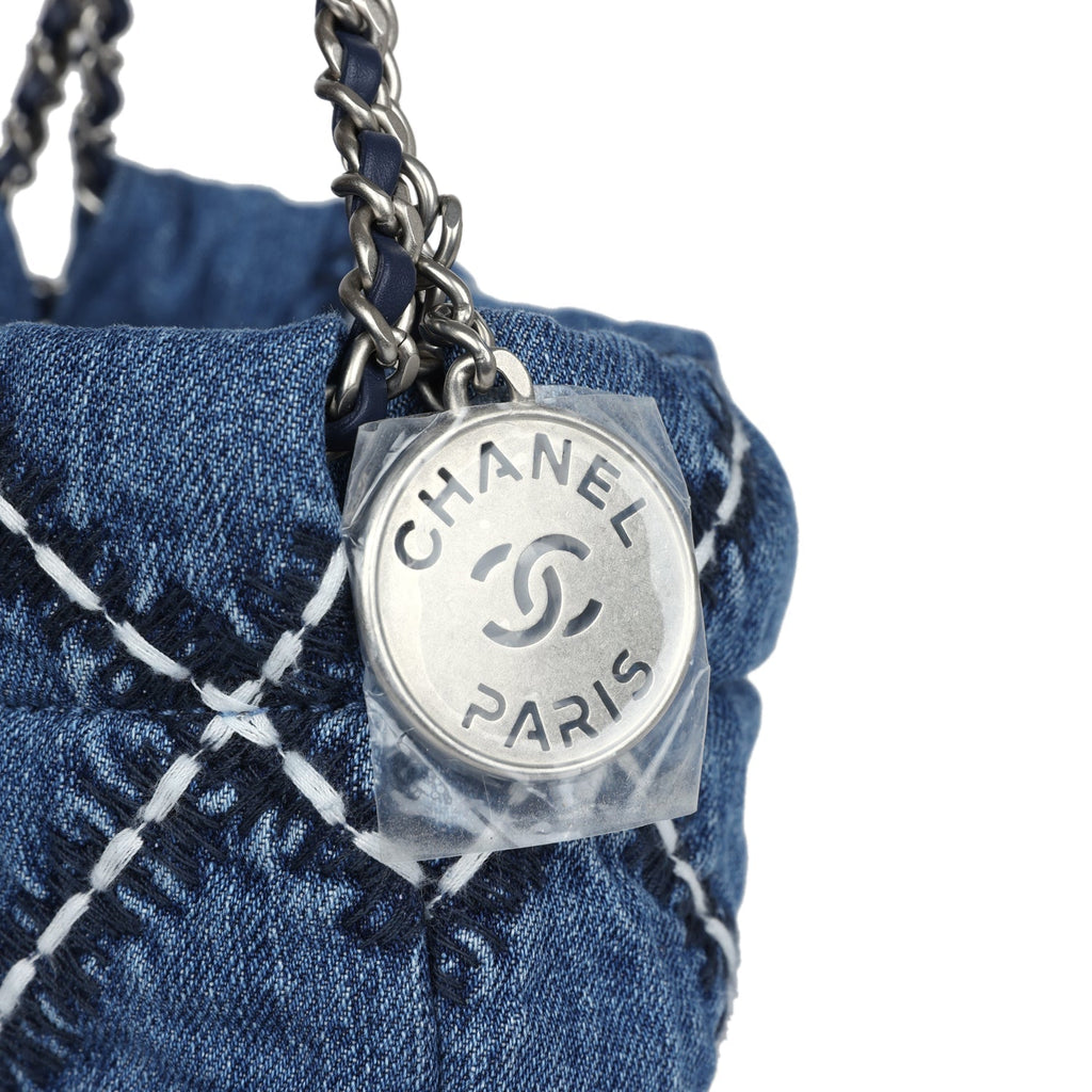 Chanel Mini 22 Bag Blue Stitched Denim Silver Hardware