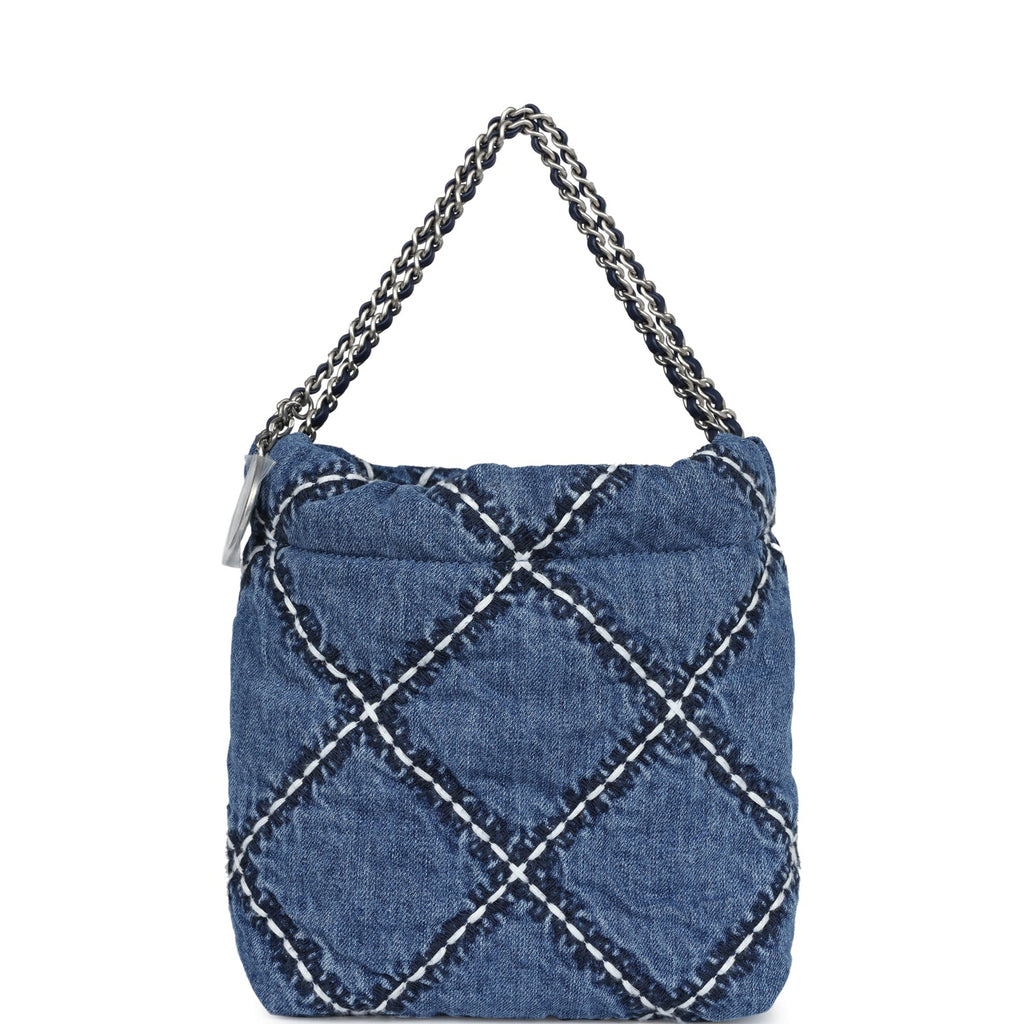 Chanel Mini 22 Bag Blue Stitched Denim Silver Hardware