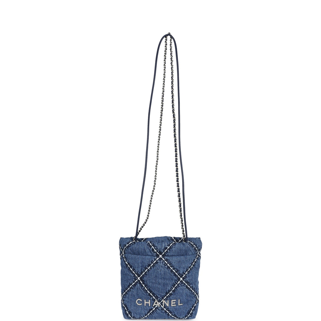 Chanel Mini 22 Bag Blue Stitched Denim Silver Hardware