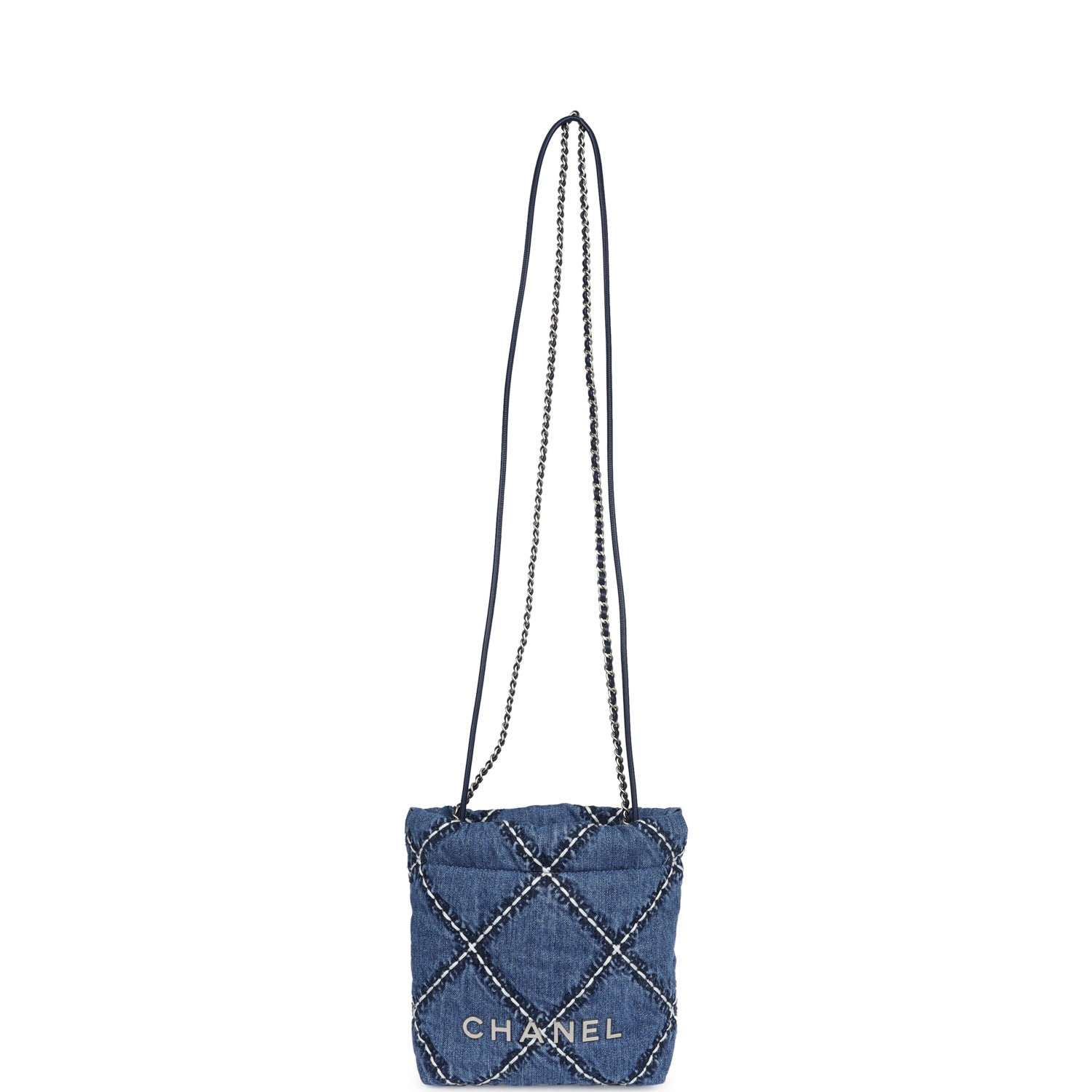 Chanel Mini 22 Bag Blue Stitched Denim Silver Hardware