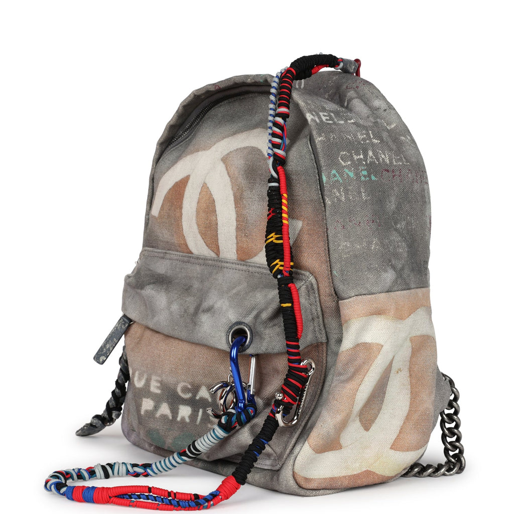 Chanel Graffiti Backpack Grey Multicolored Canvas Silver Hardware