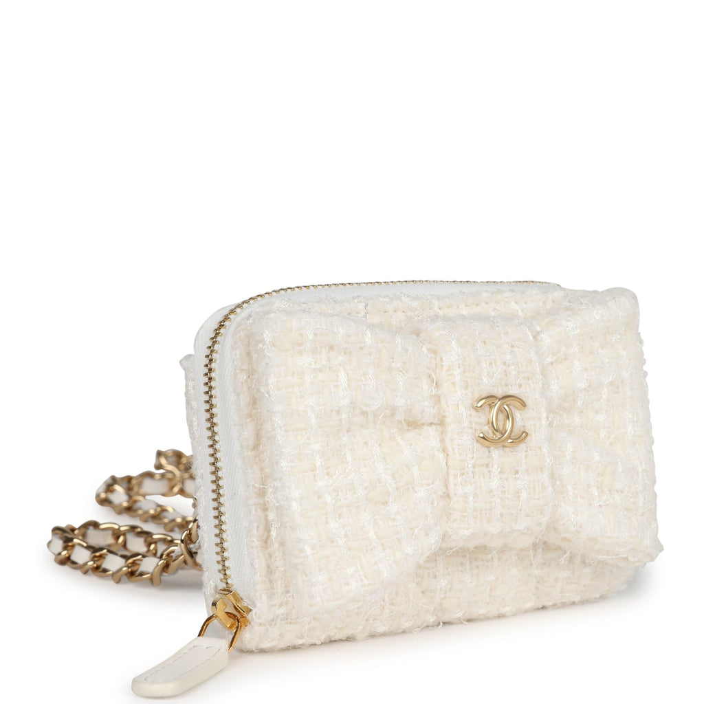 Chanel Bow Wallet Card Holder on Chain White/Beige Tweed/Calfskin Gold Hardware