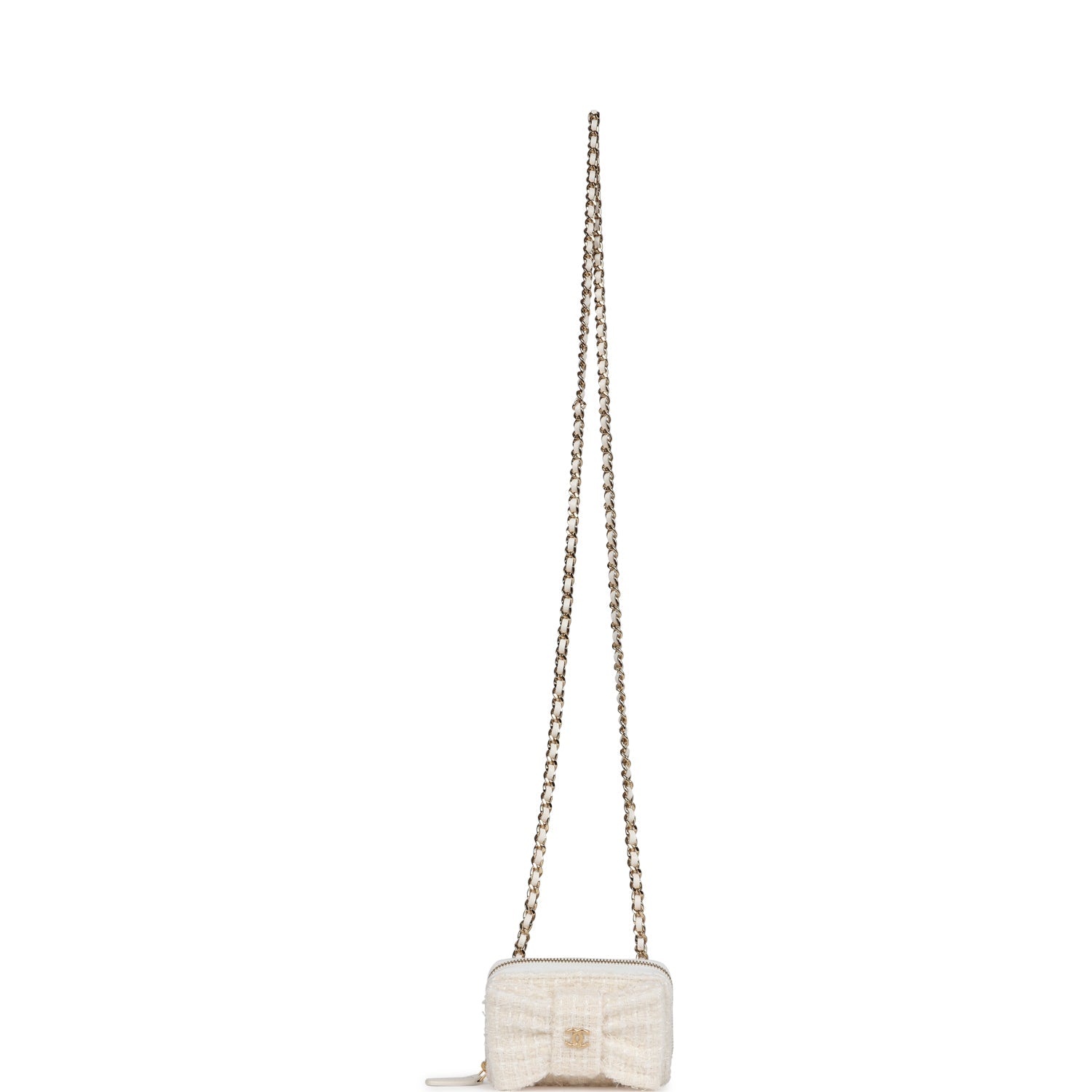 Chanel Bow Wallet Card Holder on Chain White/Beige Tweed/Calfskin Gold Hardware
