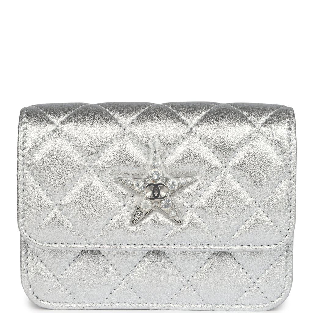 Chanel Crystal CC Walk Of Fame Clutch on Chain Silver Metallic Goatskin Silver Hardware