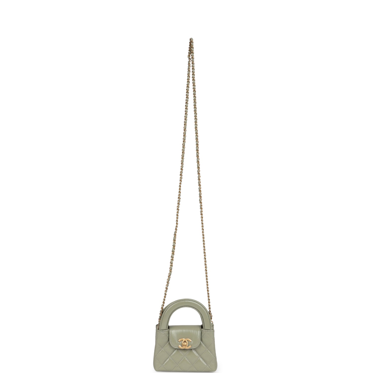 Chanel Nano Kelly Shopper Khaki Shiny Aged Calfskin Brushed Gold Hardware