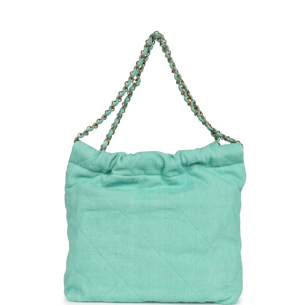 Chanel Small 22 Bag Light Green Washed Denim Gold Hardware