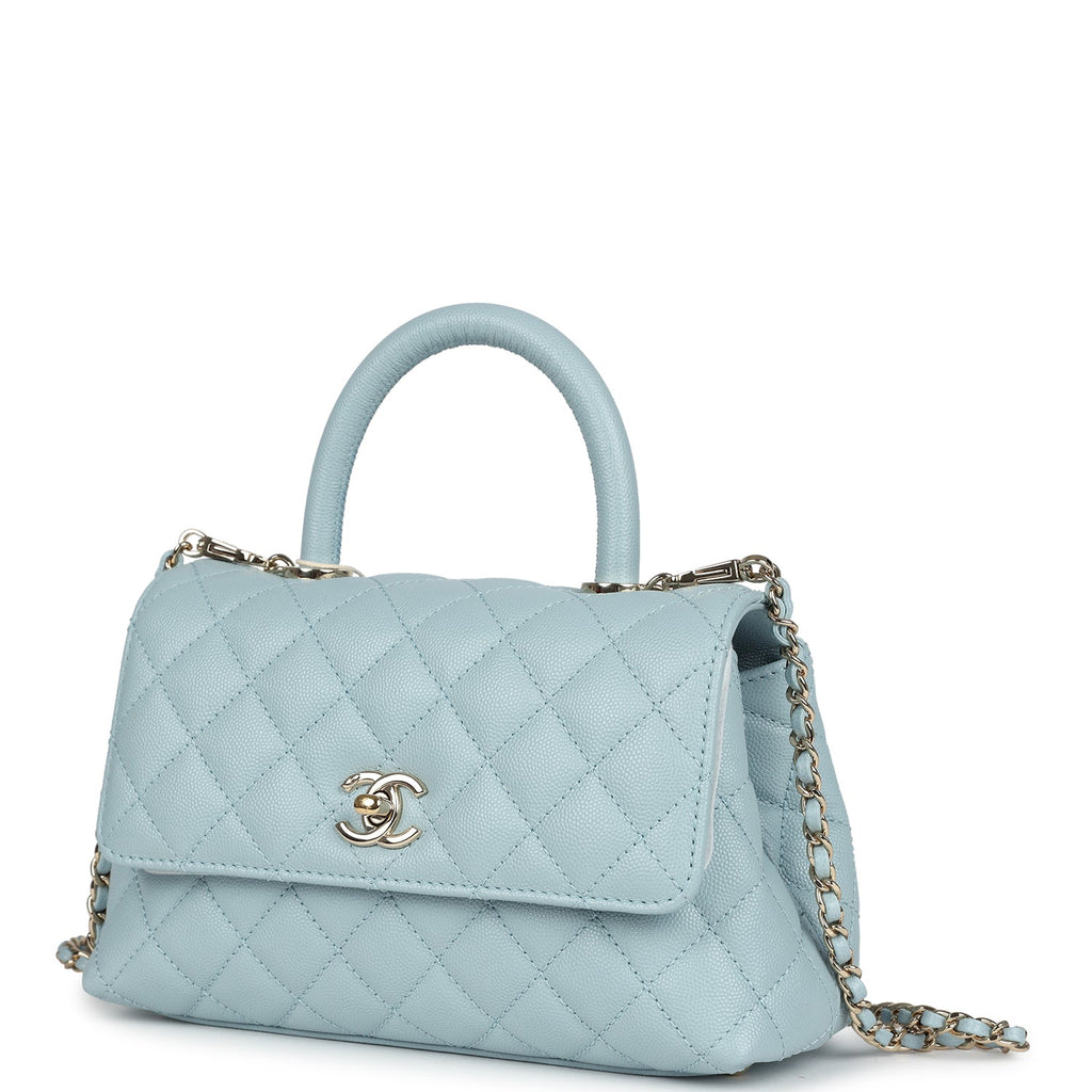 Pre-owned Chanel Small Coco Top Handle Flap Bag Light Blue Caviar Light Gold Hardware