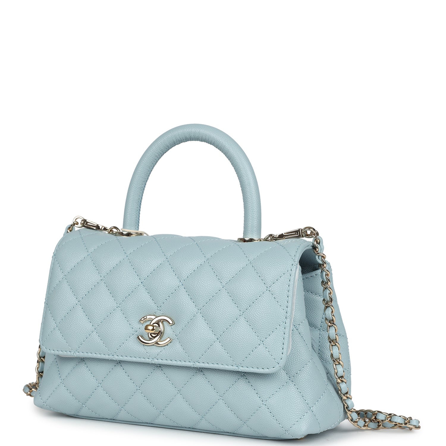 Pre-owned Chanel Small Coco Top Handle Flap Bag Light Blue Caviar Light Gold Hardware