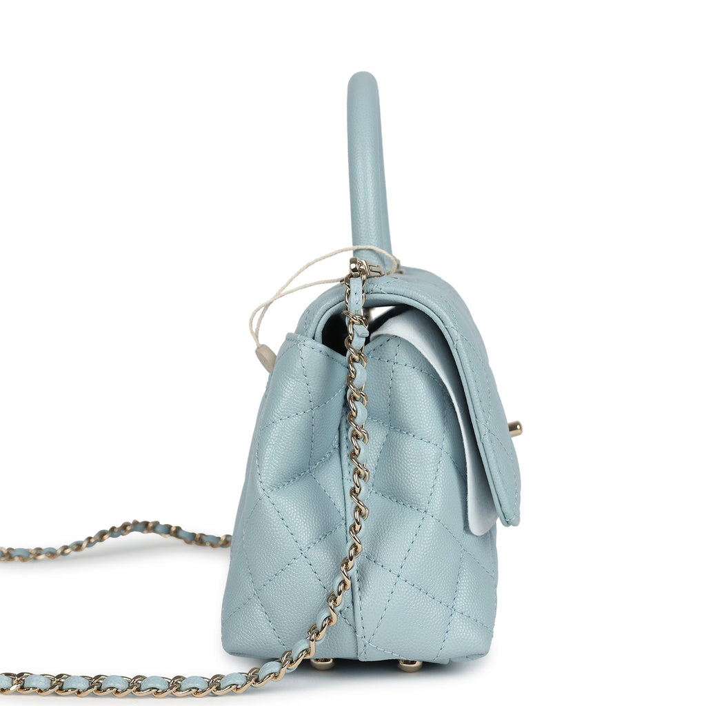 Pre-owned Chanel Small Coco Top Handle Flap Bag Light Blue Caviar Light Gold Hardware