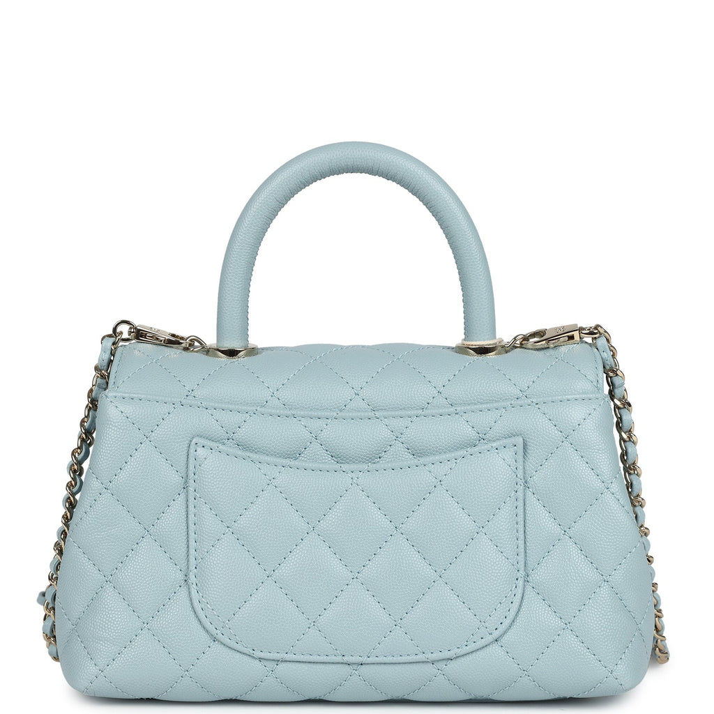 Pre-owned Chanel Small Coco Top Handle Flap Bag Light Blue Caviar Light Gold Hardware