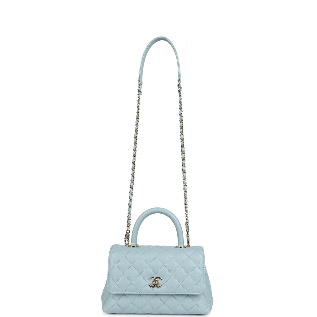 Pre-owned Chanel Small Coco Top Handle Flap Bag Light Blue Caviar Light Gold Hardware