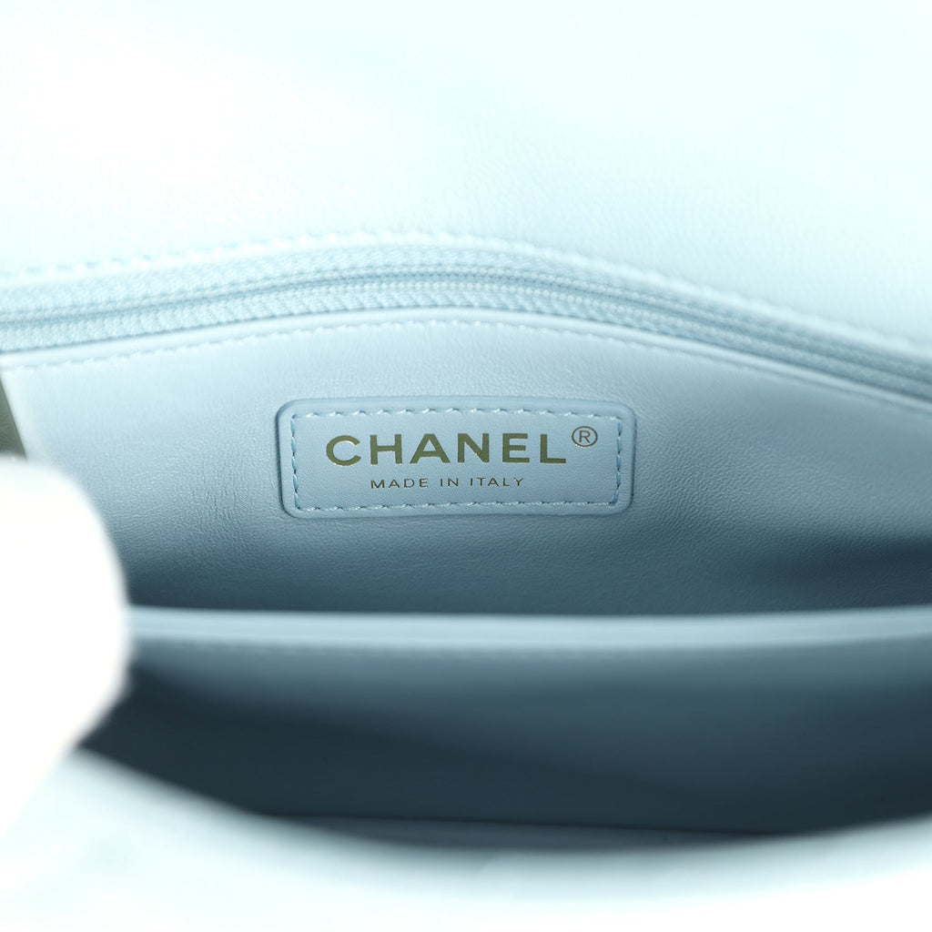 Pre-owned Chanel Small Coco Top Handle Flap Bag Light Blue Caviar Light Gold Hardware