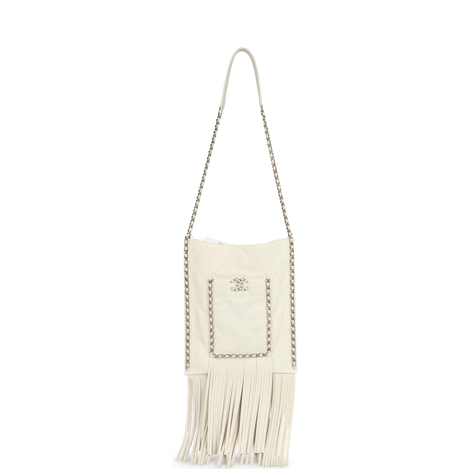 Chanel Small CC Fringe Shopping Bag White Calfskin Light Gold Hardware