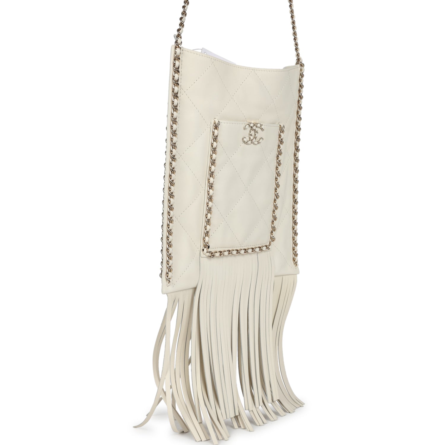 Chanel Small CC Fringe Shopping Bag White Calfskin Light Gold Hardware